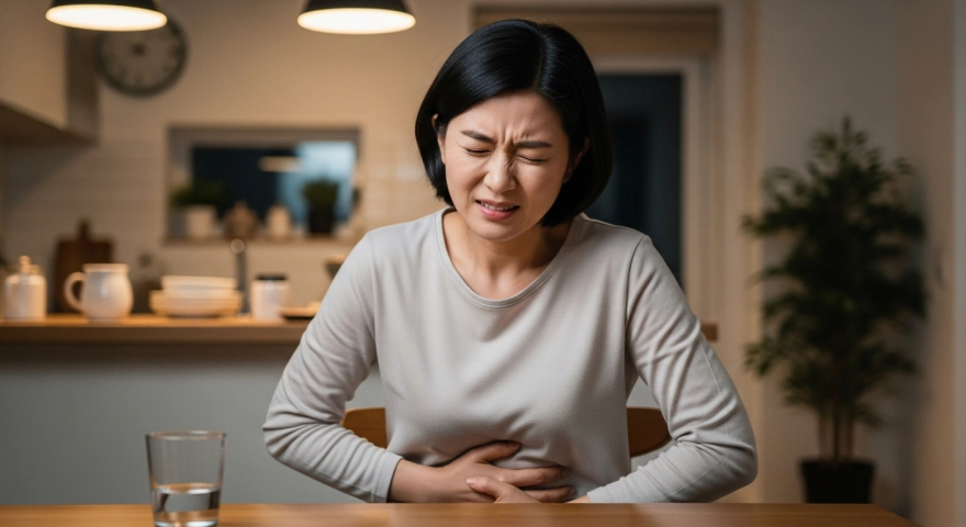 속쓰림을 느끼는 한국인 여성의 모습