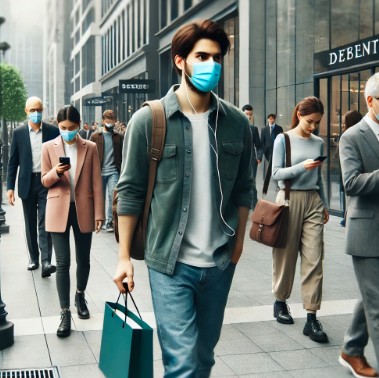 코로나로 인해 거리에 마스크를 쓰고다니고 있는 모습