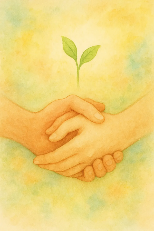 손끝이 맞닿은 두 손 위로 새싹이 자라나는 희망적인 감정 표현 일러스트