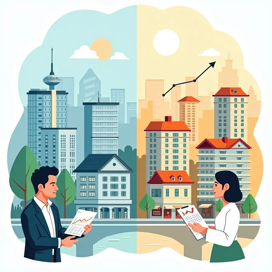 중년 커플, 친구가 서울과 지방 부동산으로 재테크 전략을 세우는 모습이 상징적으로 표현된 이미지
