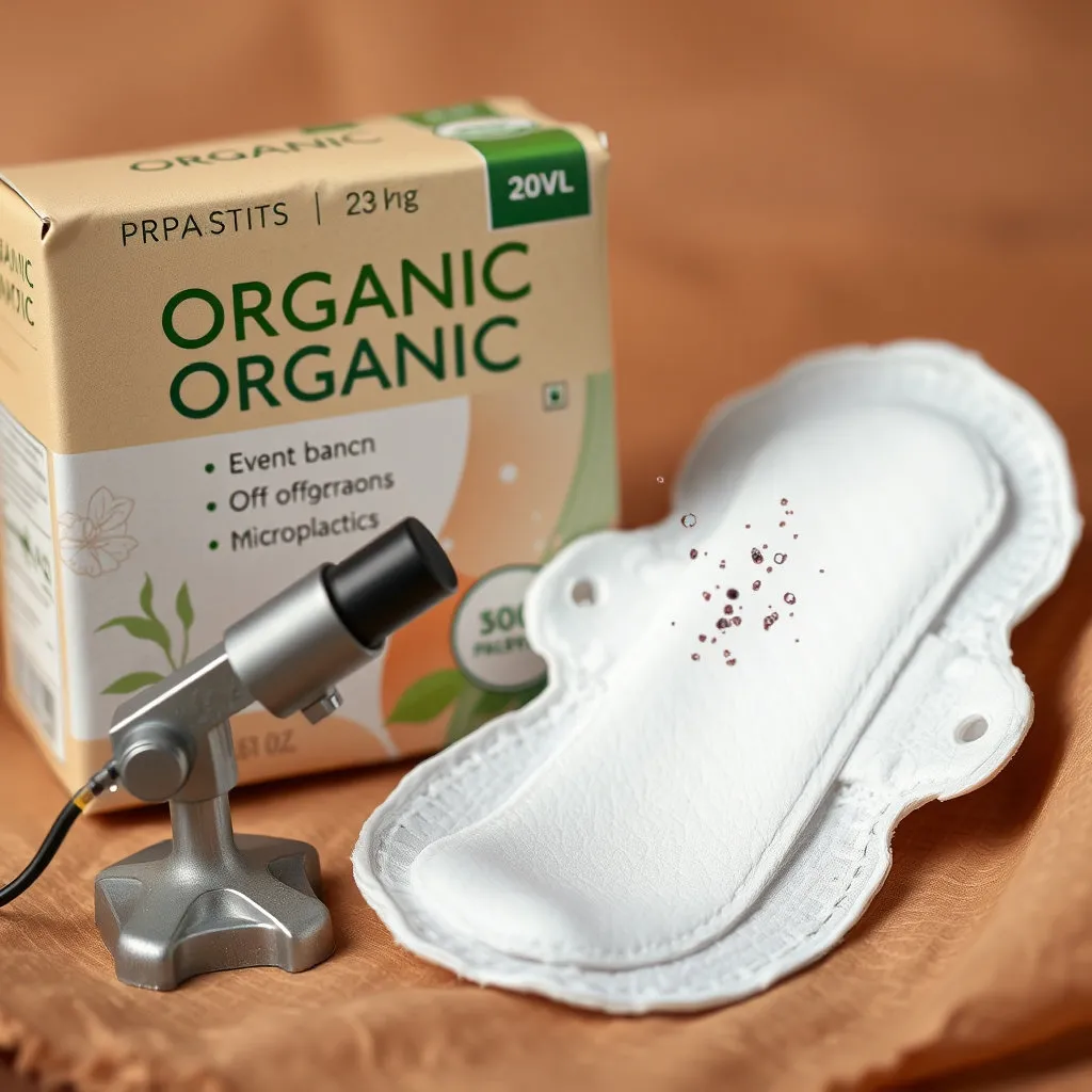 "ORGANIC" 라벨이 붙은 생리대 옆에 작은 현미경과 함께 미세플라스틱 입자들이 흐릿하게 보이는 모습. 자연적인 색상과 대비되는 작은 플라스틱 입자로 반전을 줍니다.