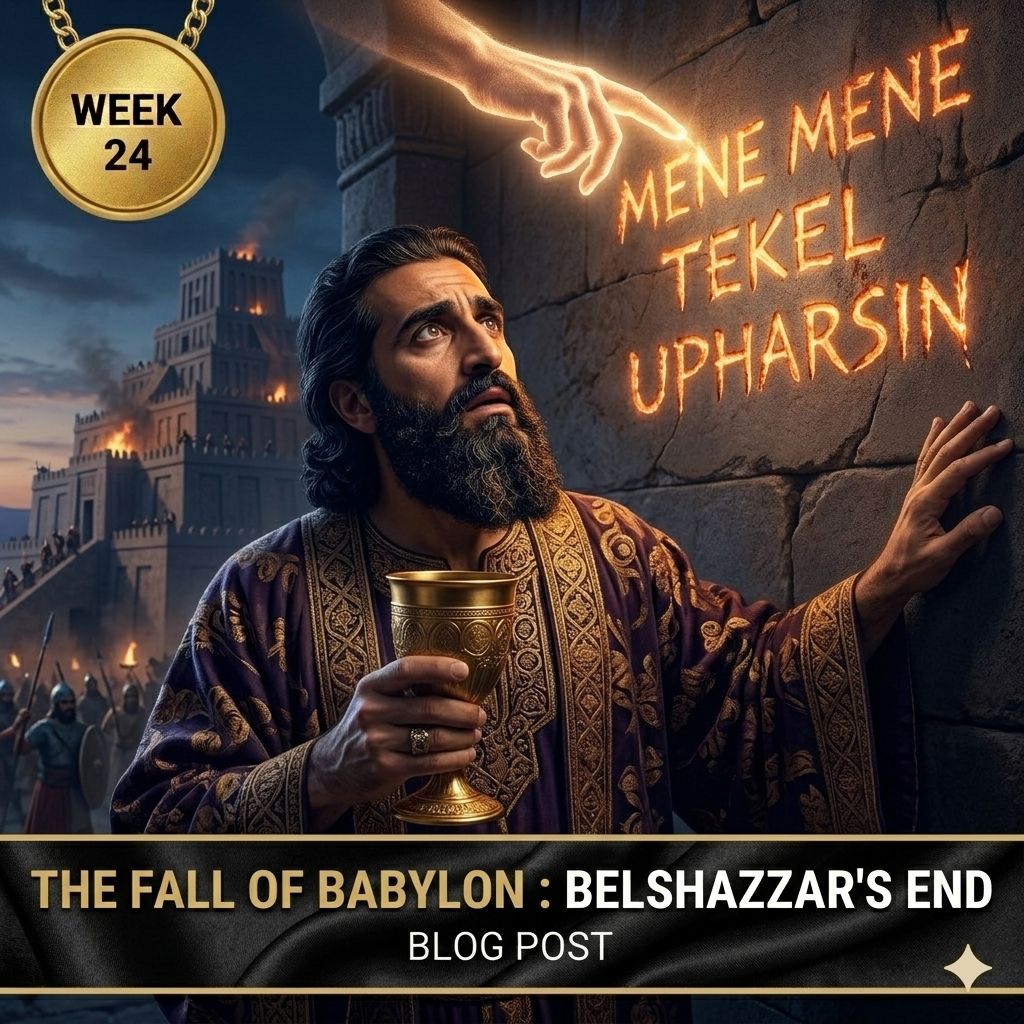 A cinematic digital illustration of King Belshazzar in ornate purple robes, holding a golden chalice and looking in shock at a glowing divine hand writing "MENE MENE TEKEL UPHARSIN" on a stone wall. In the background, the Tower of Babel (Ziggurat) is visible under a twilight sky with fires and Persian soldiers approaching. The top left corner features a gold "WEEK 24" coin, and the bottom has a black banner reading "THE FALL OF BABYLON : BELSHAZZAR'S END".