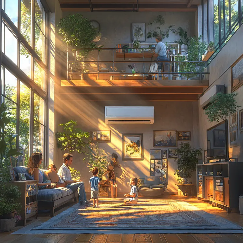 가족이 조용한 환경에서 에어컨의 저소음 기능으로 쾌적함을 느끼고 있다. 자연스럽고 아늑한 분위기 속에서 편안함과 평화를 동시에 누린다. 소음과 스트레스를 줄이는 기능이 돋보인다.