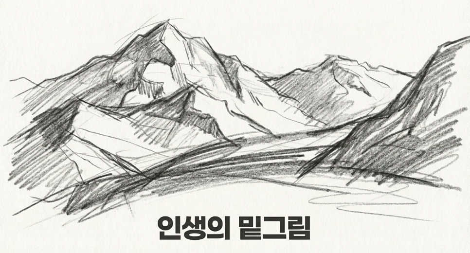 스케치북에 연필로 거칠지만 힘차게 그려진 밑그림 이미지