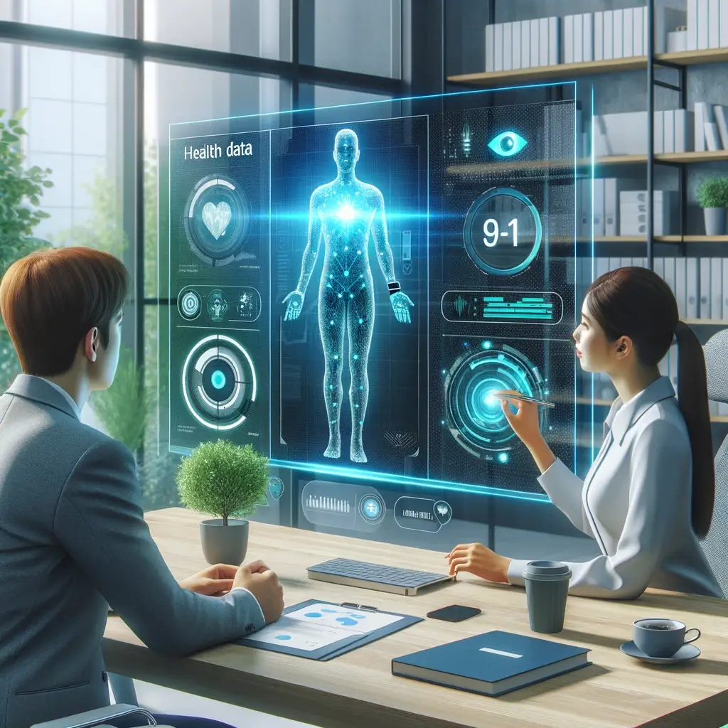 AI 기반 보험사 사무실에서 고객이 자신의 건강 데이터를 상담 직원과 이야기하고 있고, 스크린에는 웨어러블 기기에서 수집된 건강 정보가 표시되고 있다.