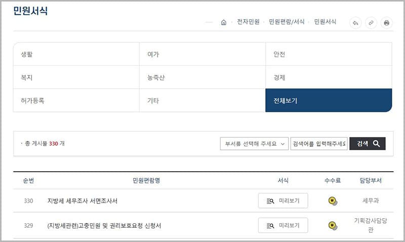 민원 편람 서식 다운로드 자료실