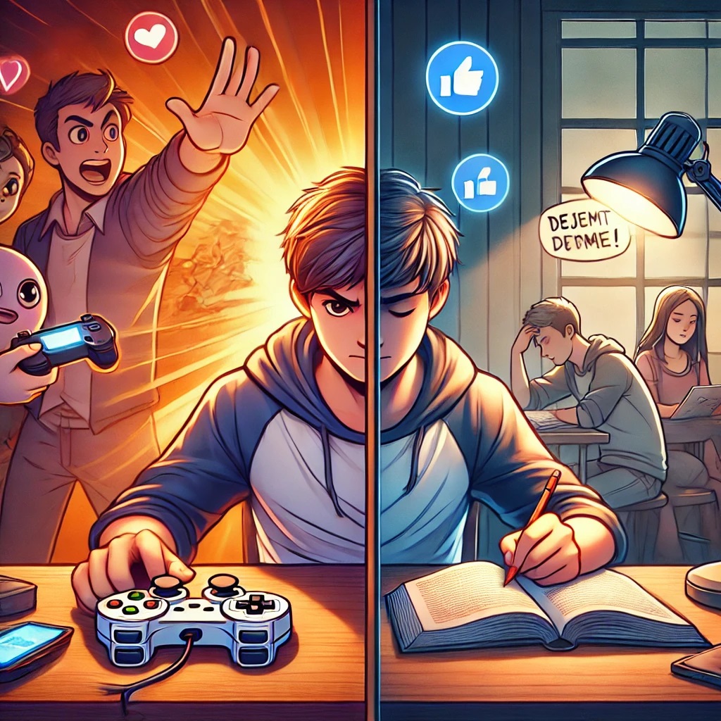 게임과 공부를 병행하는 학생의 그림.