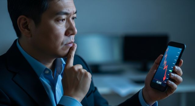 비트코인 65000달러 하락 차트를 보며 고민하는 투자자 모습