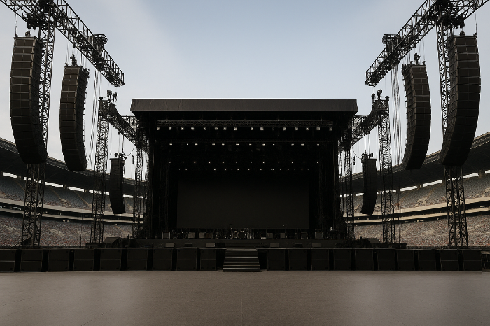 대형 스타디움 투어 무대와 라인어레이 스피커가 설치된 공연 장면 이미지