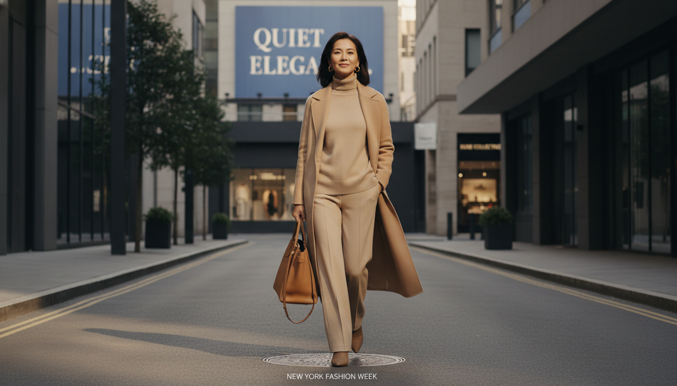 베이지와 카멜 색상의 우아한 톤온톤 코디를 입고 미소 짓는 50대 여성의 세련된 거리 패션