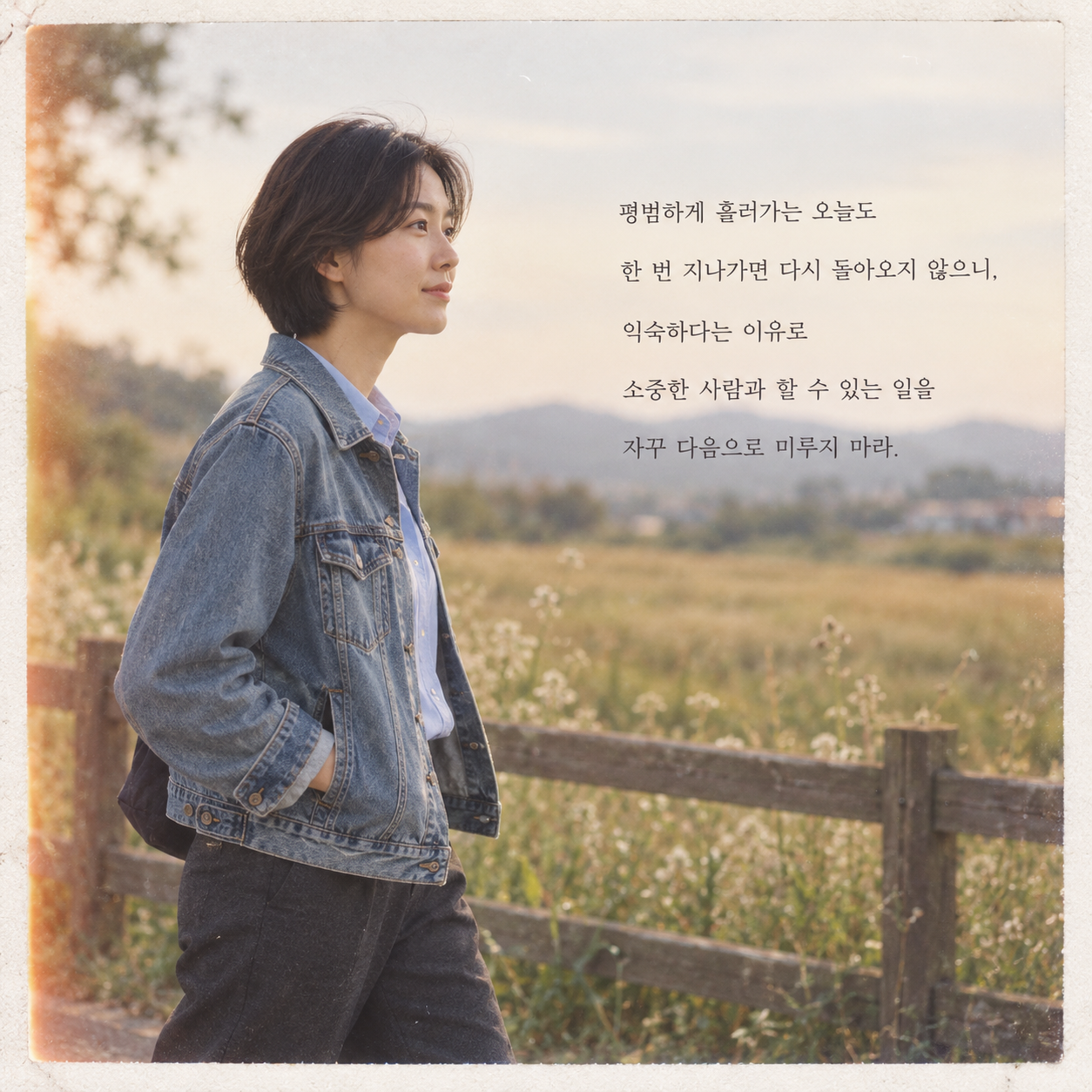 평범하게 흘러가는 오늘도 한 번 지나가면 다시 돌아오지 않으니, 익숙하다는 이유로 소중한 사람과 할 수 있는 일을 자꾸 다음으로 미루지 마라.