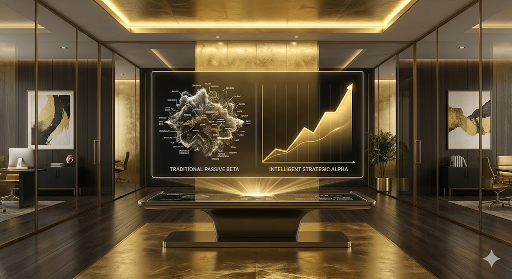 A sophisticated financial diagram set in a contemporary office. / Sophisticated holographic financial display in a modern office.