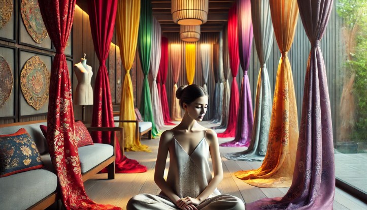 다양한 색상이 가득한 공간에 앉아 있는 여성