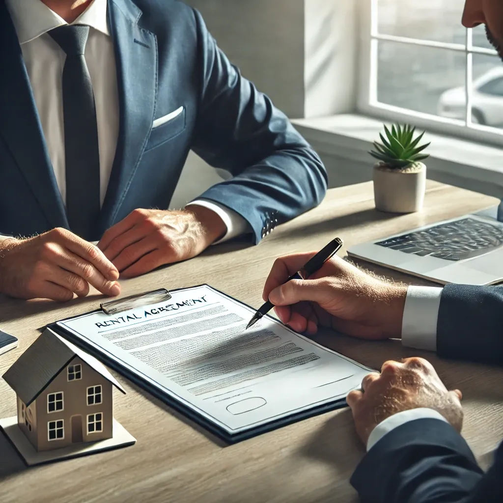 집주인과 세입자가 부동산 계약서를 검토하고 서명하는 모습