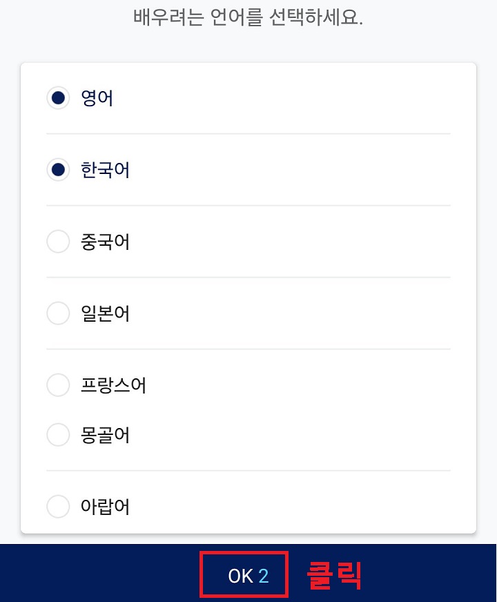 언어 선택창 보임