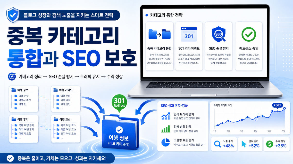 중복 카테고리 통합과 301 리다이렉트로 블로그 SEO 손실을 줄이는 방법 이미지