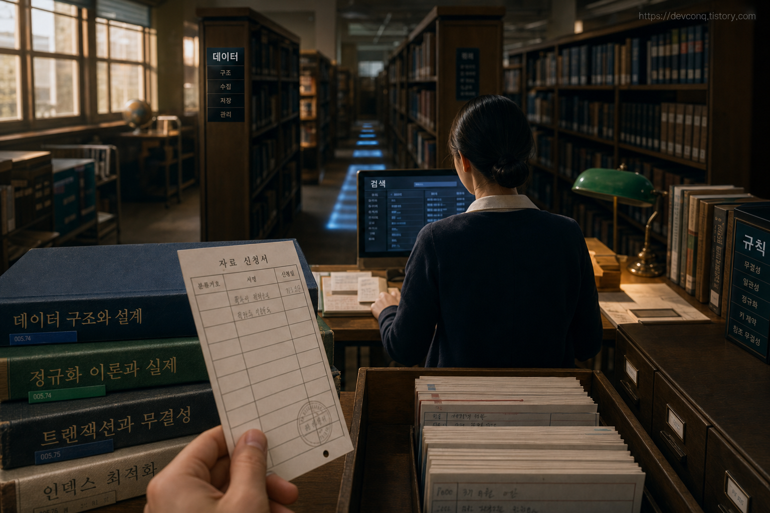 책과 대출 기록을 관리하는 학교 도서관으로 표현한 데이터베이스와 DBMS의 관계