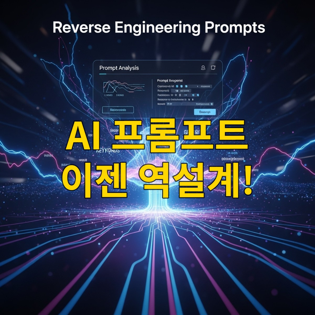 AI 프롬프트 역설계 개념을 시각적으로 표현한 이미지. 다양한 미디어 파일에서 프롬프트를 추출하는 과정을 보여줍니다.