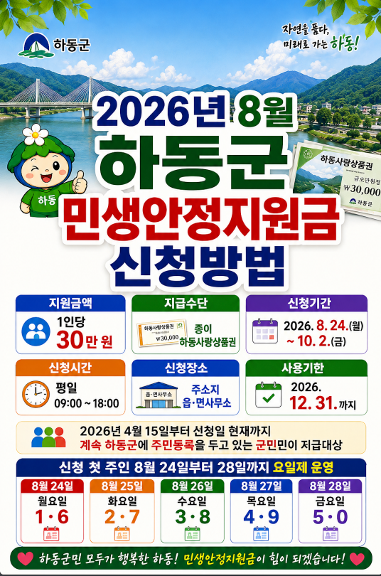 2026년 8월 하동군 민생안정지원금 신청방법 기간&middot;지급일&middot;사용처&middot;사용기한&middot;하동사랑상품권