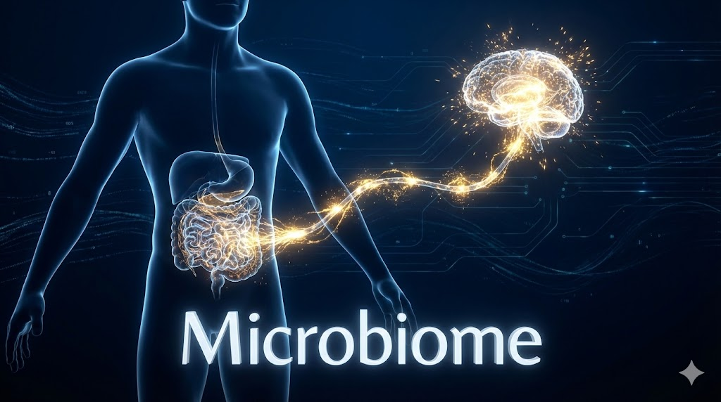 2026년 최신 건강 트렌드인 장뇌축(Gut-Brain Axis) 이론을 시각화하여 장내 미생물 생태계와 뇌 신경망이 연결된 모습을 보여주는 인포그래픽 및 건강한 장 관리 이미지