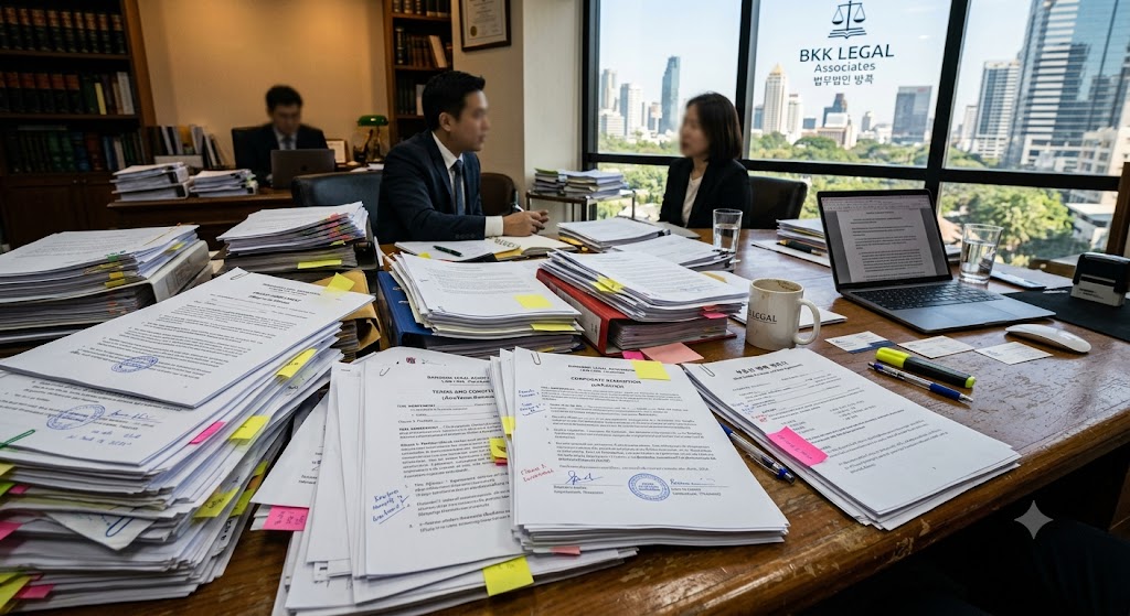 태국 방콕의 현지 법무법인 BKK LEGAL Associates 법무법인 방콕 로고가 보이는 상담실에서 한국인 고객과 태국인 변호사가 상담 중이며, 책상 위에는 영문 및 태국어 계약서 뭉치들이 어지럽게 널려 있습니다[cite: 3]. 문서에는 'TERMS AND CONDITIONS', 'CORPORATE RESOLUTION', 'SHAREHOLDER AGREEMENT', 'REAL ESTATE PURCHASE AGREEMENT' 등과 같은 제목이 보이며, 그 아래 태국어와 영어 텍스트가 혼재되어 있습니다[cite: 3]. 문서에는 서명과 날인란이 사실적으로 표현되어 있습니다