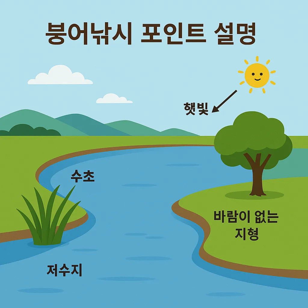 붕어가 잘 잡히는 낚시 포인트 조건을 보여주는 일러스트