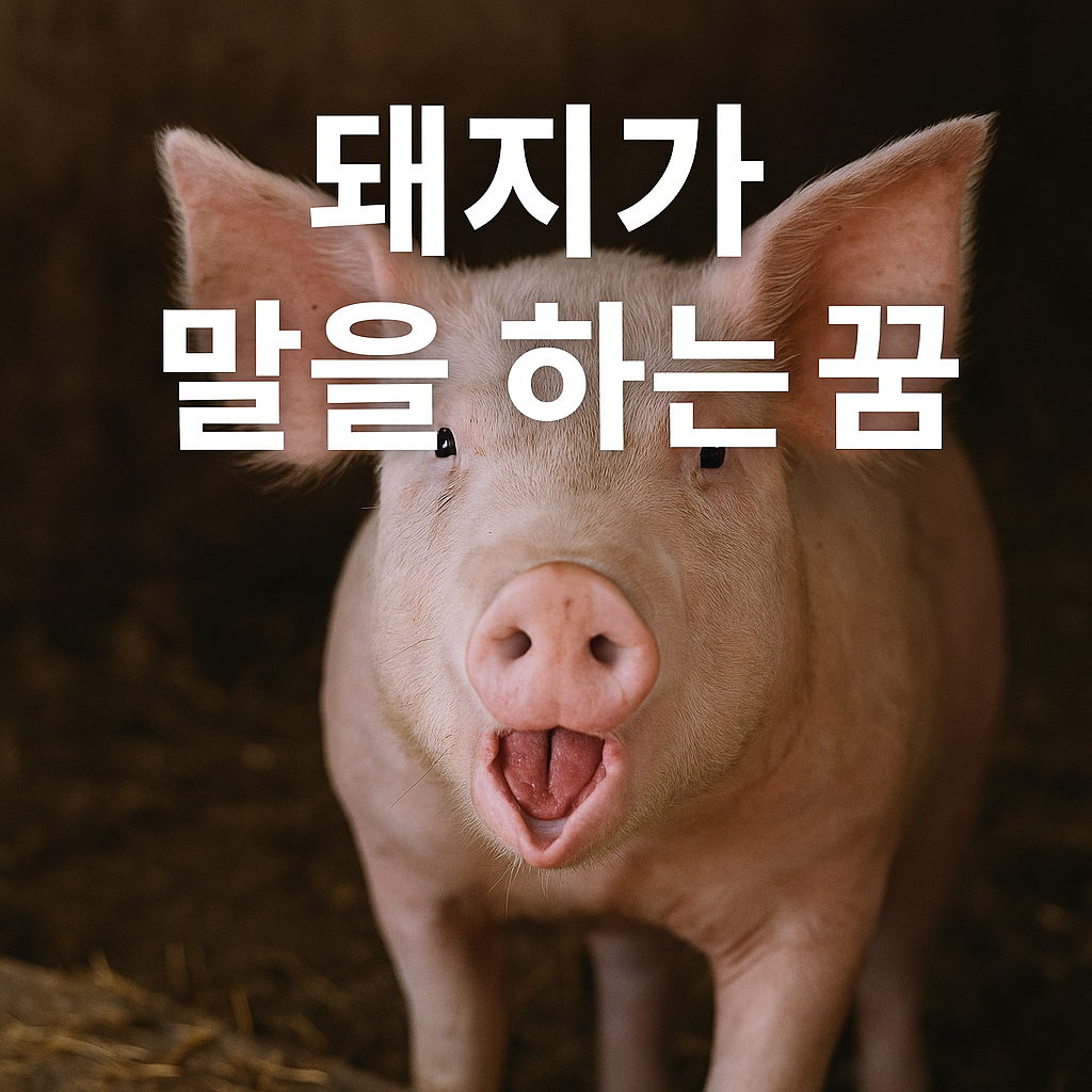 돼지가 말을 하는 꿈 – 입을 벌린 채 정면을 응시하는 돼지의 모습이 강조된 실내 축사 장면