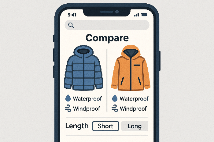 모바일 기반 아우터 비교와 데이터 기반 선택 과정을 표현한 이미지