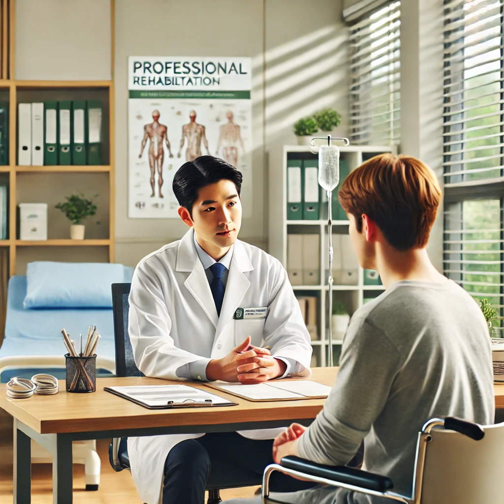 원주의 재활병원에서 의사가 환자와 상담하며 치료 계획을 설명하는 모습