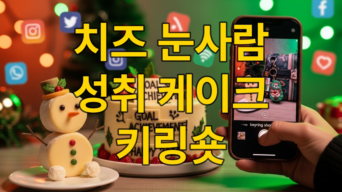2025년 Z세대 크리스마스 트렌드를 보여주는 이미지. 치즈 눈사람, 성취 케이크, 키링숏 패션 아이템이 함께 어우러져 젊고 개성 넘치는 연말 분위기를 표현한다.
