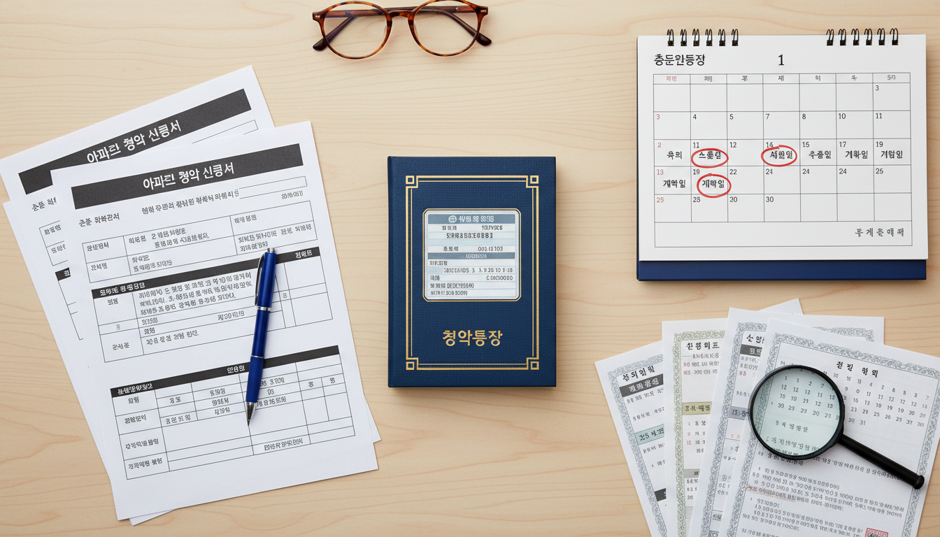 아파트 청약 신청 시 필요한 청약통장, 신청 서류, 그리고 청약 일정이 표시된 달력 등 청약 준비 과정을 보여주는 이미지.