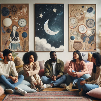 사람들이 원형 테이블 주위에 앉아 꿈에 대해 이야기하며 대화하는 모습.