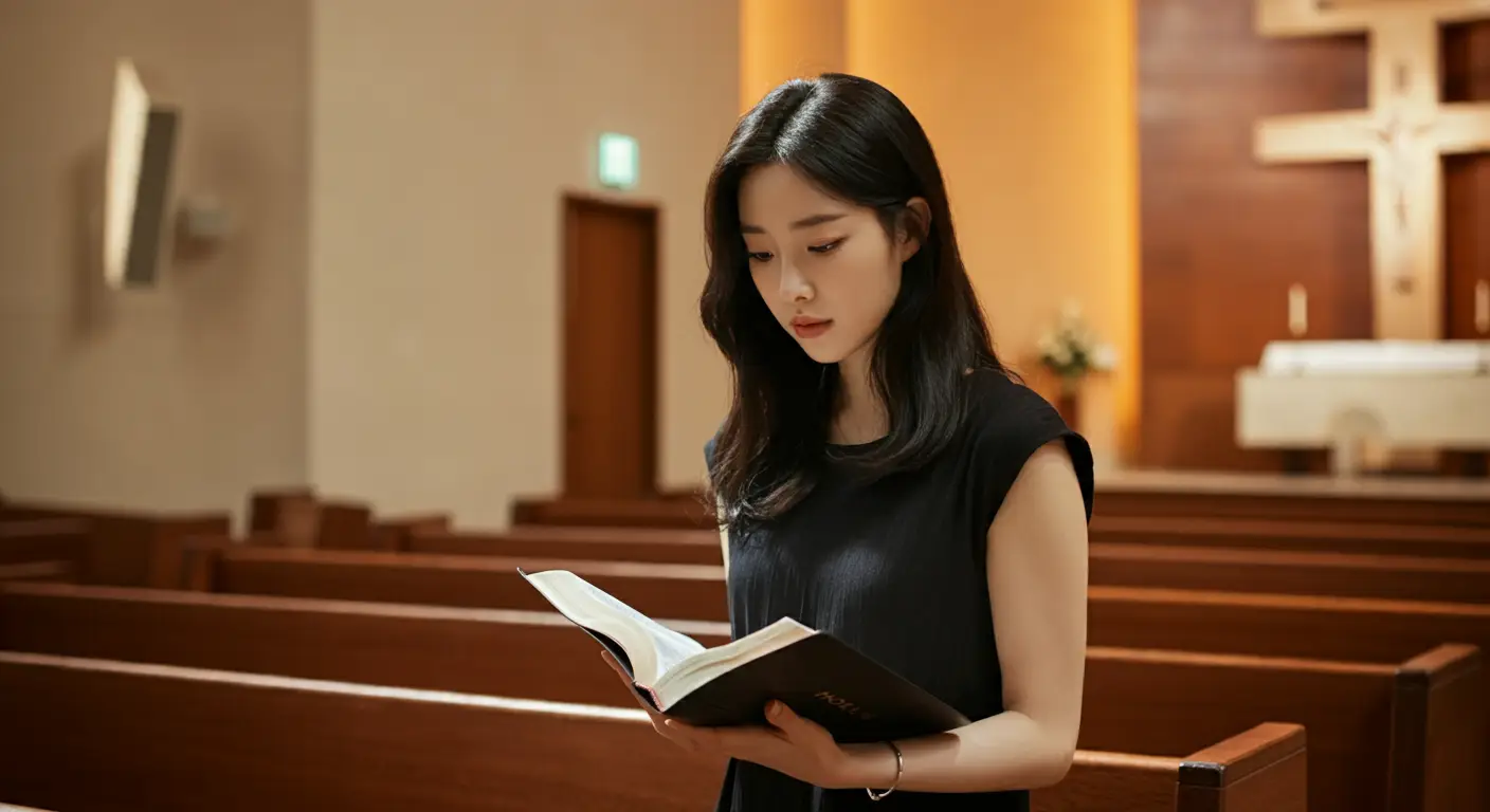 교회에서 성경을 읽는 여성