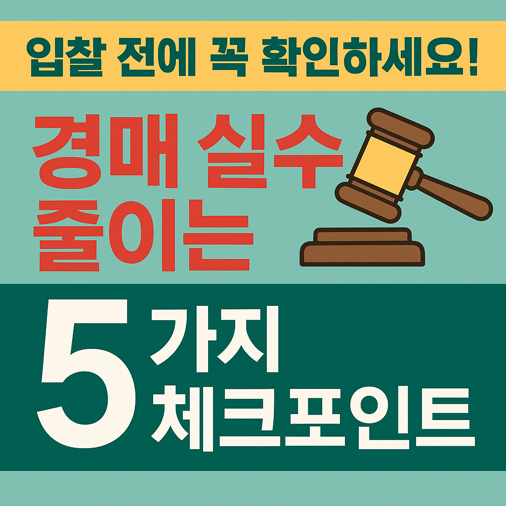 경매 입찰 전 반드시 확인해야 할 5가지 체크포인트를 강조한 체크리스트 스타일의 썸네일 &ndash; 경매 실수를 줄이는 방법 안내 이미지, 경매망치 아이콘 포함