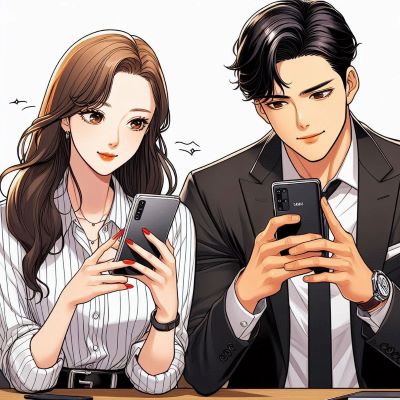 휴대폰 보고 있는 남자와 여자