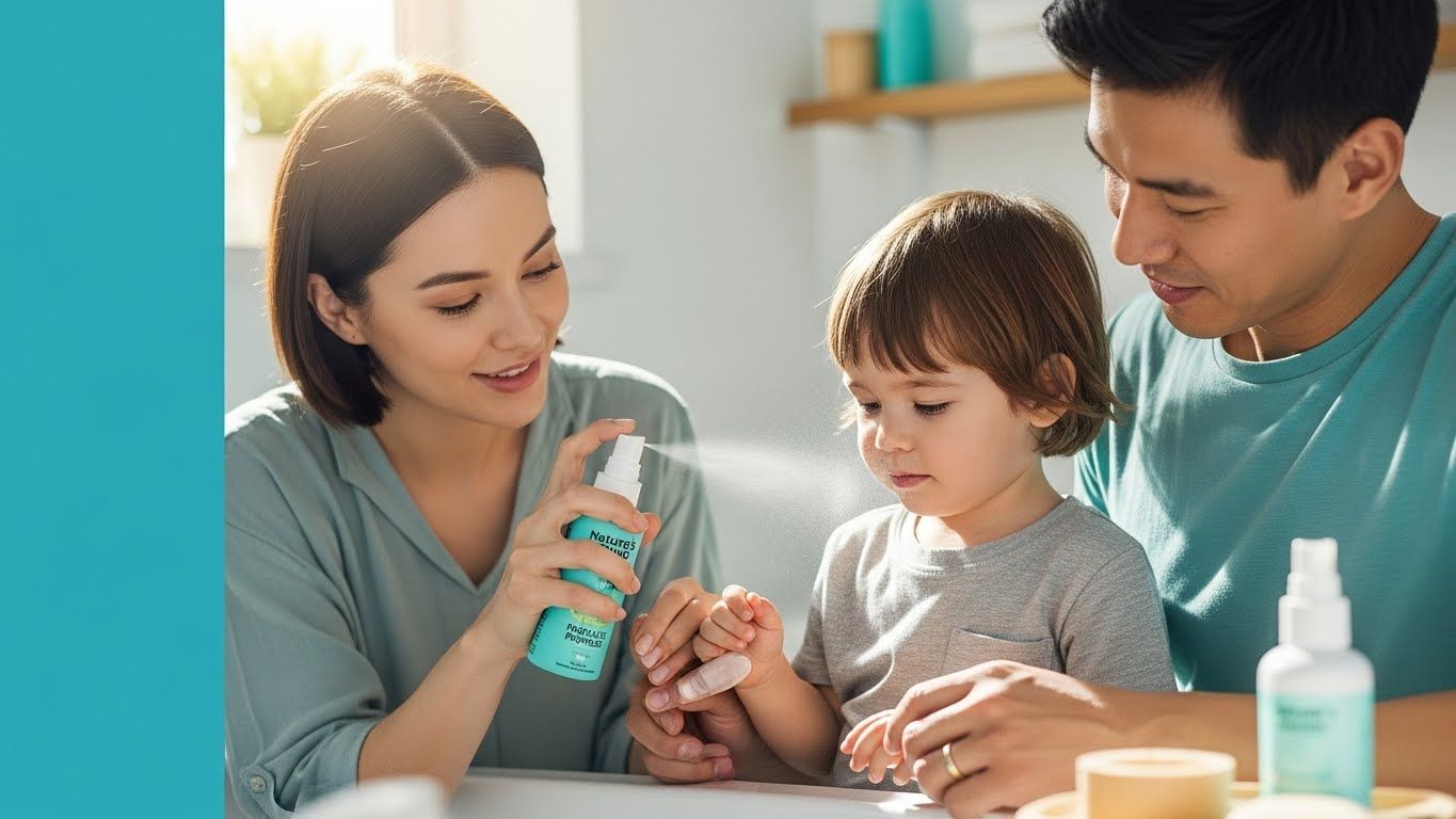 밝고 현대적인 욕실 환경에서 가족(어머니, 아버지, 어린 아이)이 네이처스 영 프로폴리스 스프레이를 부드럽게 사용하는 활기차고 깨끗한 이미지.