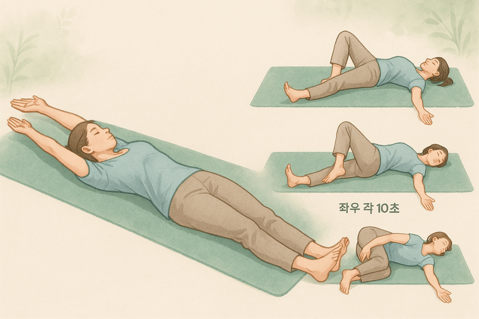 어깨와 등, 척추 스트레칭: 양팔을 머리 위로 쭉 뻗어 기지개를 켭니다(10초 유지). 그 다음, 누운 채로 한쪽 무릎을 세워 반대쪽으로 넘기며 허리를 비틀어줍니다(좌우 각 10초).