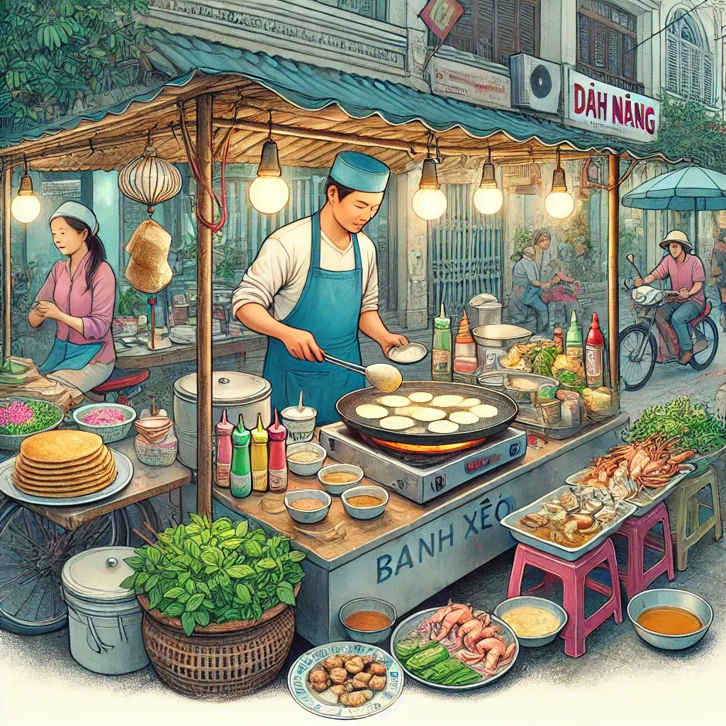 다낭의 길거리 음식 반쎄오를 만드는 상인의 모습