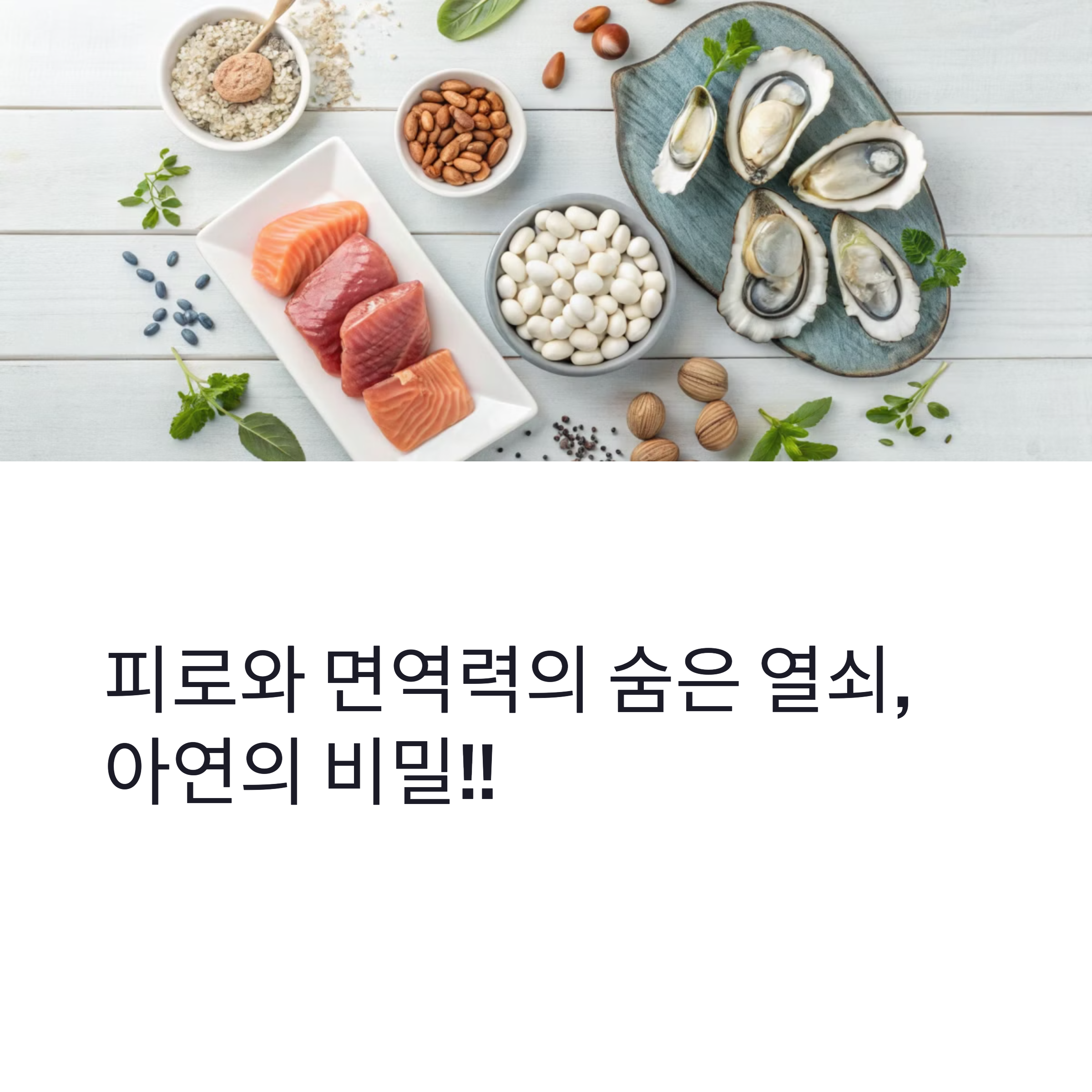 해산물, 생선, 견과류, 콩 등 아연이 풍부한 식재료가 놓여 있으며, &quot;피로와 면역력의 숨은 열쇠, 아연의 비밀!!&quot;이라는 문구가 적혀 있음