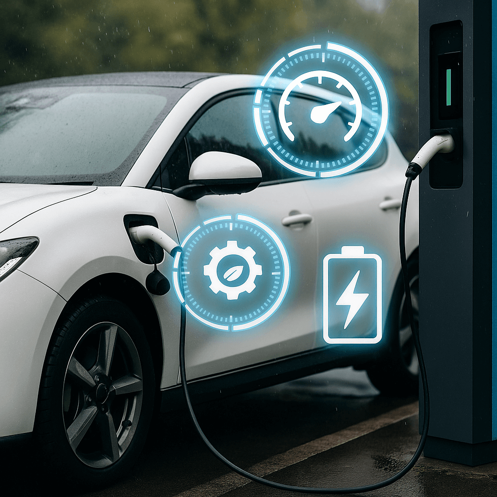 이 이미지는 자율주행차의 에너지 효율성과 전력 관리 기술을 주제로 시각화한 디지털 일러스트입니다.
중앙에는 미래형 자율주행 차량이 도심 도로 위를 주행하고 있으며, 차량 내부에는 배터리 게이지와 전력 흐름 그래픽이 반투명 디스플레이 형태로 표현되어 있습니다. 차량 주변에는 태양광 패널, 전기 충전소, 클라우드 기반 데이터 흐름 아이콘이 배치되어, 에너지 저장과 관리, 그리고 스마트한 전력 운용을 강조하고 있습니다.
배경에는 고층 빌딩 사이로 스마트 시티 스타일의 전기 인프라와 그리드 연결 아이콘이 함께 어우러져, 차량과 도시 간의 에너지 통합 관리 개념을 상징합니다. 전체적으로 청록색 계열의 미래지향적 색감과 선명한 디지털 요소들이 사용되어, 자율주행차의 지속 가능성과 기술적 정교함을 직관적으로 전달합니다.