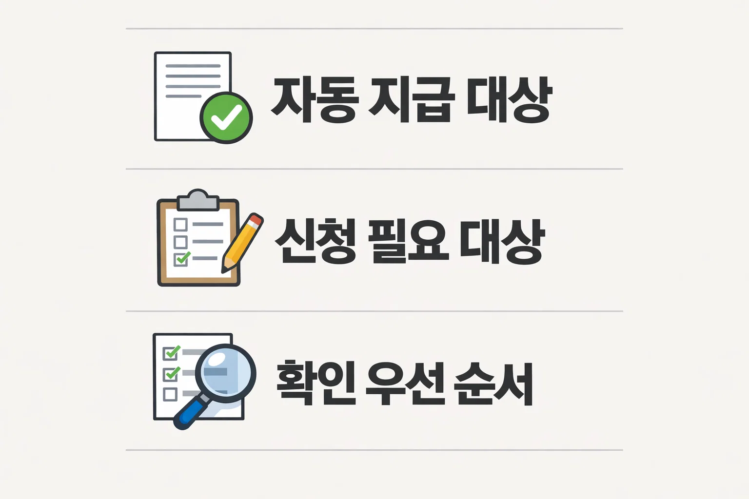 설명절 민생지원금 중 신청이 필요한 대상과 자동지급 대상 구분, 확인 우선 순서를 한눈에 정리한 안내 이미지