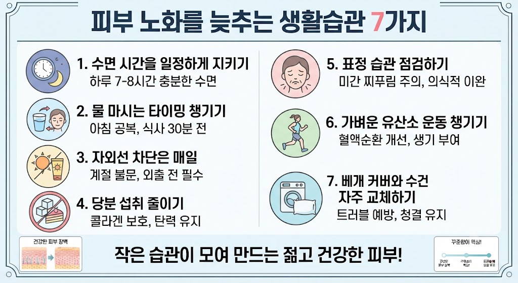 "피부 노화를 늦추는 7가지 생활 습관을 정리한 인포그래픽. 1. 수면 시간 일정하게 지키기, 2. 물 마시는 타이밍 챙기기, 3. 매일 자외선 차단제 바르기, 4. 당분 섭취 줄이기, 5. 표정 습관 점검하기, 6. 가벼운 유산소 운동하기, 7. 베개 커버와 수건 자주 교체하기 항목이 아이콘과 함께 나열되어 있으며, 하단에는 건강한 피부 장벽을 위한 꾸준함의 중요성을 강조하는 문구가 포함되어 있음."