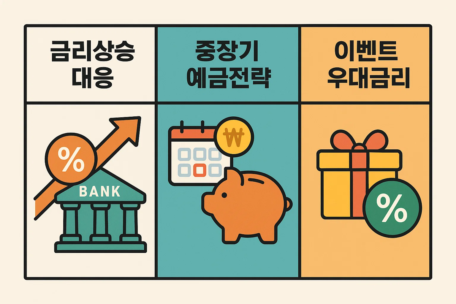 카카오뱅크 예금 이율 전망에 따라 금리 상승 대응법, 중장기 예금 전략, 이벤트 우대금리 활용법을 담은 2025년 실전 전략 인포그래픽