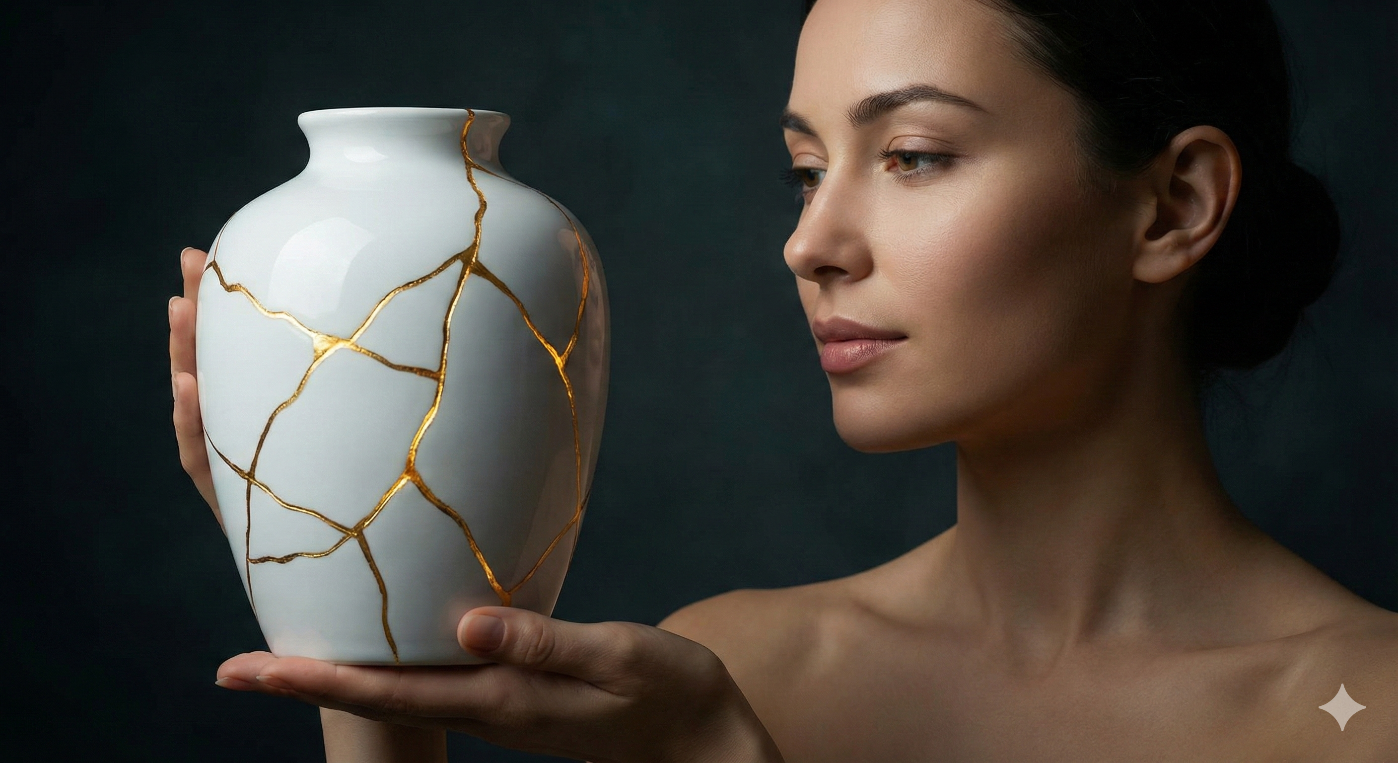 깨진 틈을 황금으로 메워 더 단단해진 킨츠기 도자기를 들고 있는 여성, 신용 회복과 전화위복의 상징