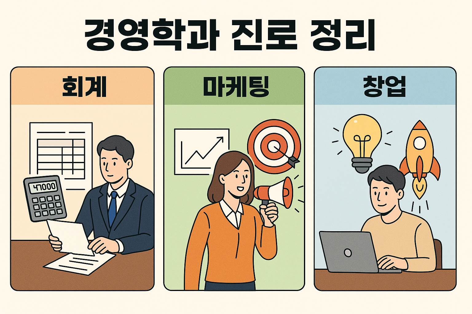 회계, 마케팅, 창업 분야를 설명하는 한국어 정보 이미지