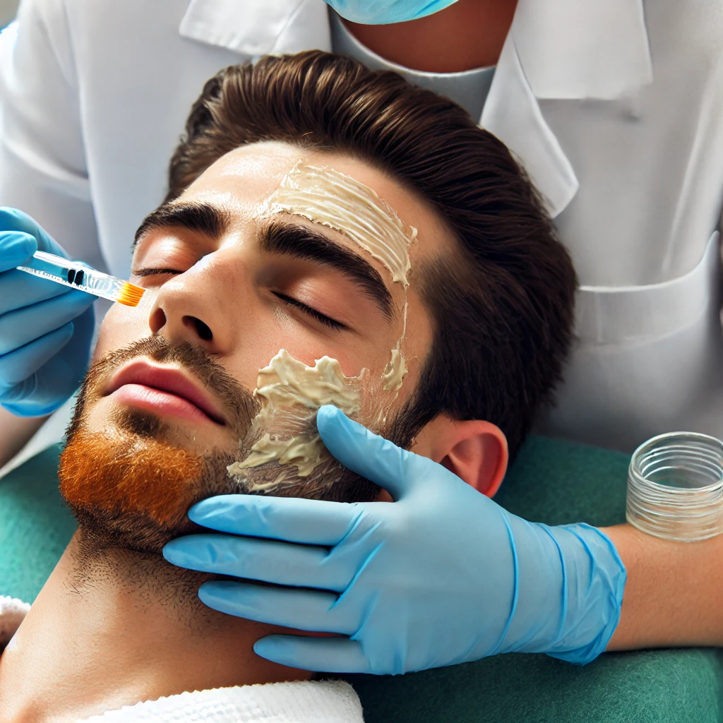 피부과에서 화학적 필링 시술을 받고 있는 환자, 피부 재생을 위해 필링 용액을 얼굴에 바르고 있는 장면