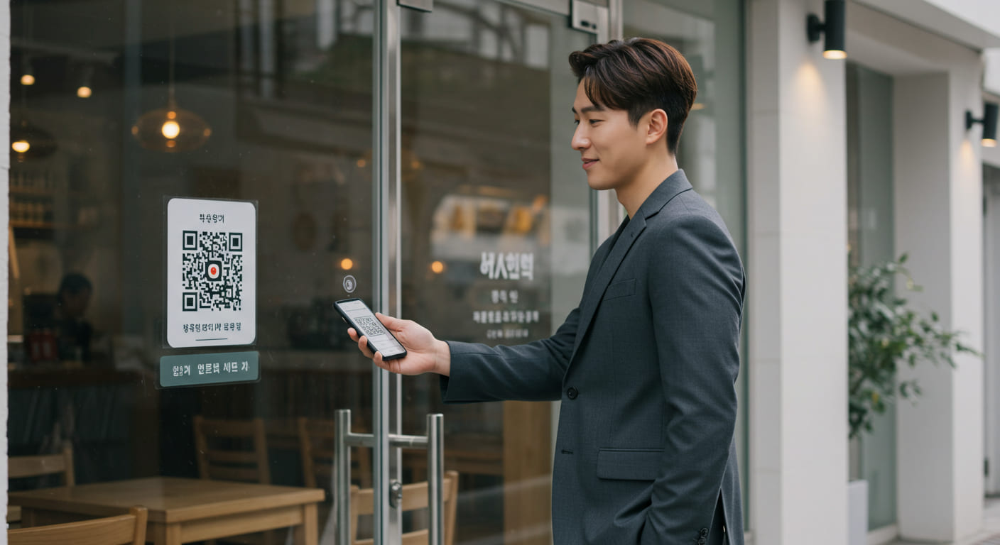 레스토랑 패스트패스 QR 코드 스캔하는 한국인 남성