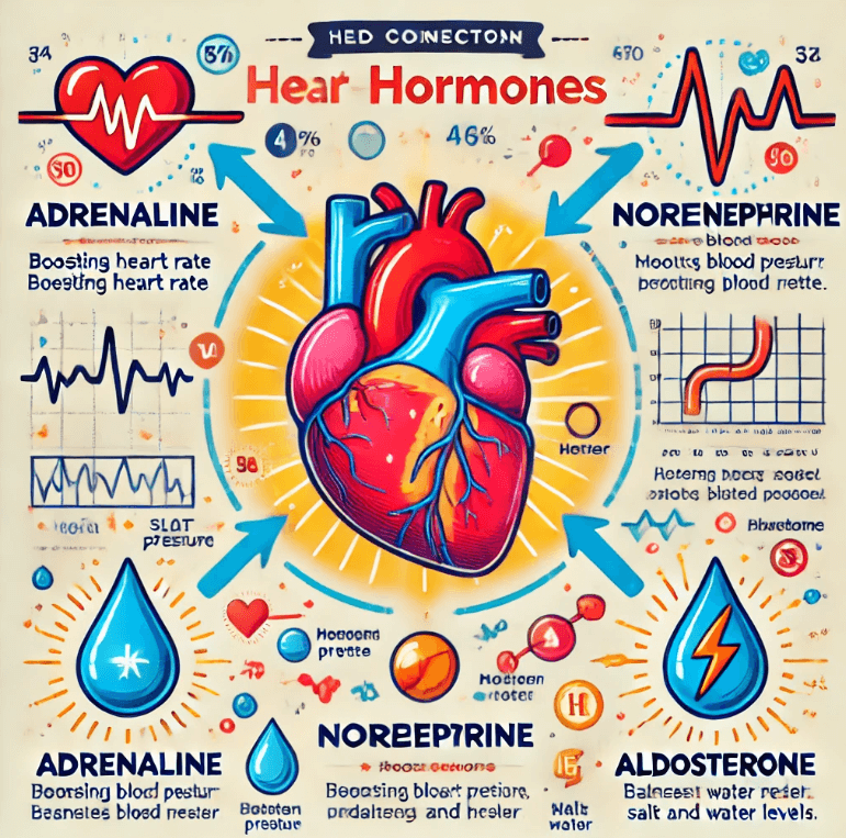 심장과 호르몬의 연결을 보여주는 교육적 이미지가 있습니다 . 아드레날린 , 노르에피네프린 , 알도스테론과 그 역할을 강조한 그림