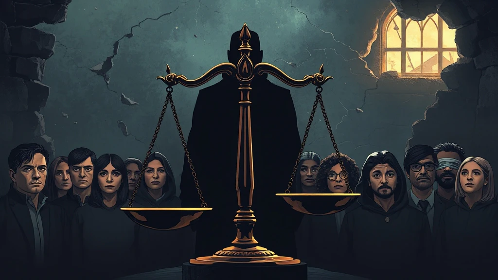 가운데에 법을 상징하는 저울이 있고 주변에 사람들이 있다