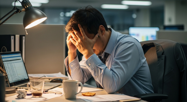 피로로 고개 숙인 40대 직장인